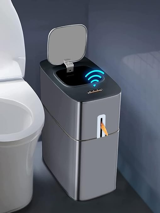🛒Touchless Bathroom Trash Can, 4 Gallon Narrow Metal Automatic Privacy Garbage Cans